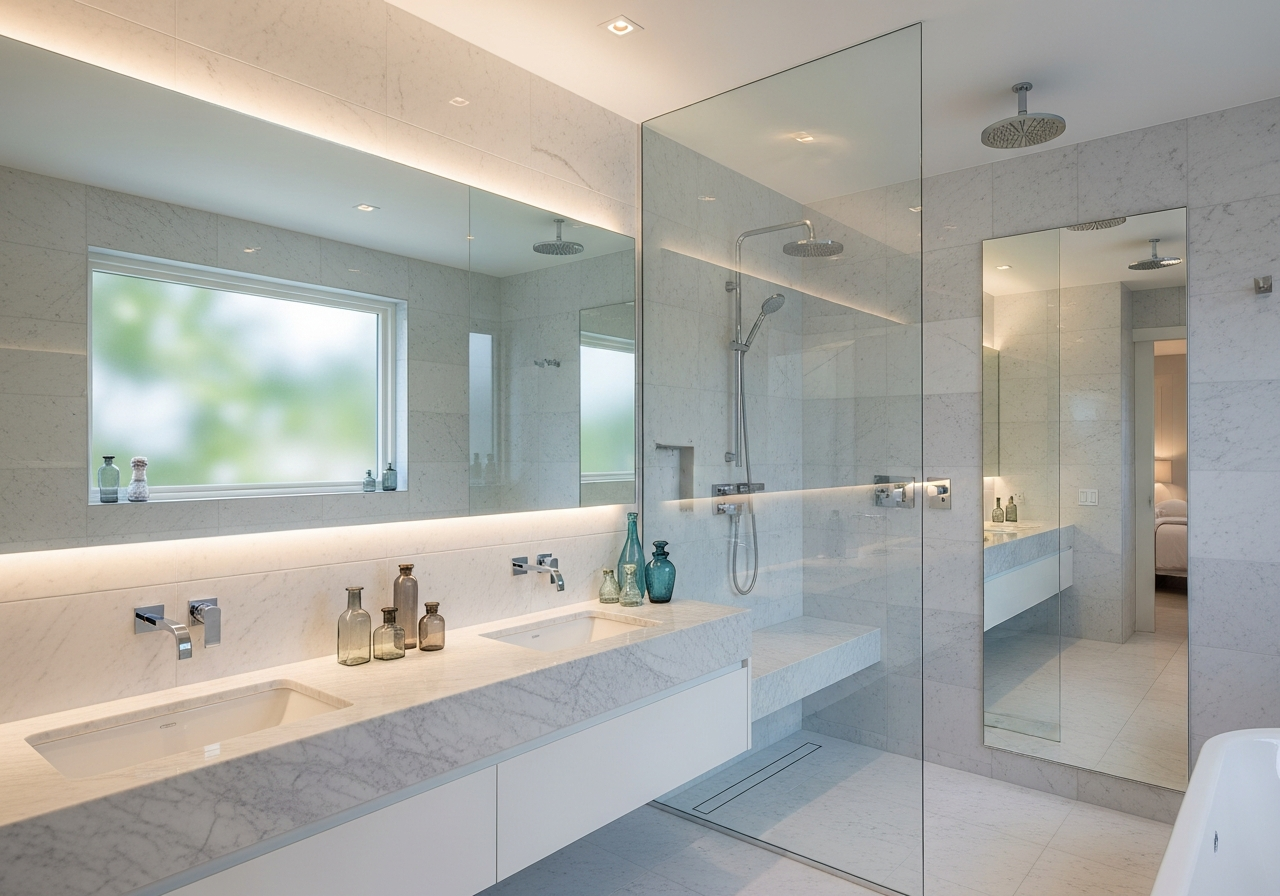 Mirrors and glass surfaces in a bathroom