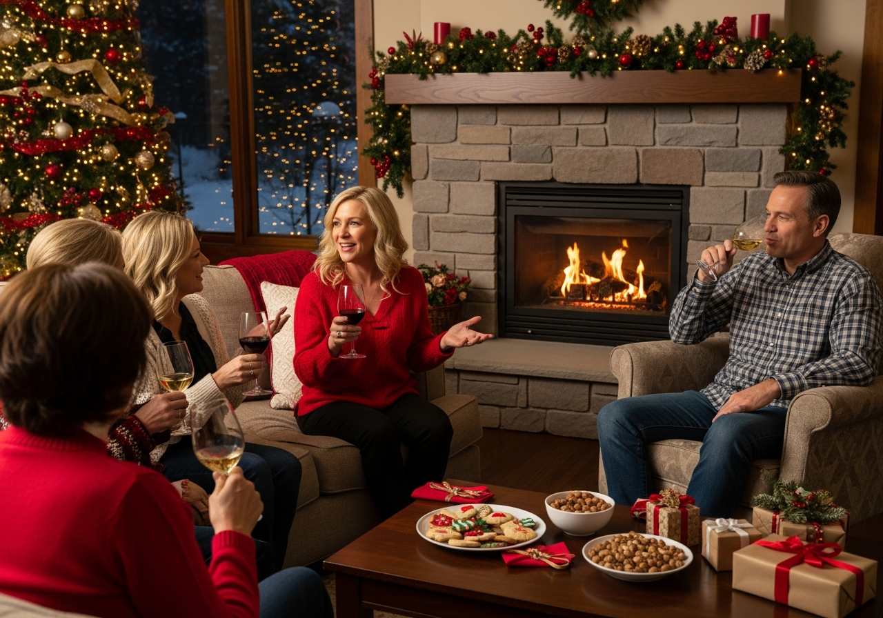 People having a glass of wine in the living room during the holiday season.