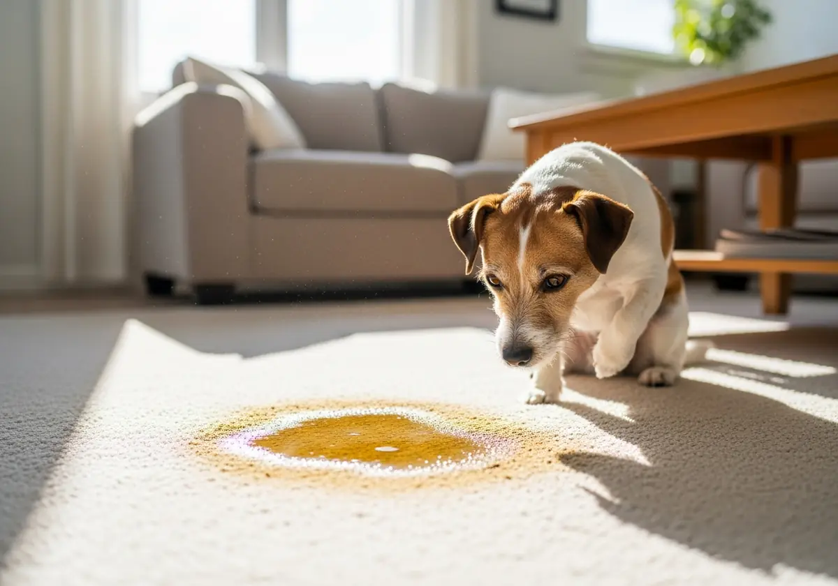 A pet urine accident in the house, a mess that calls for an enzymatic cleaner rather than bleach