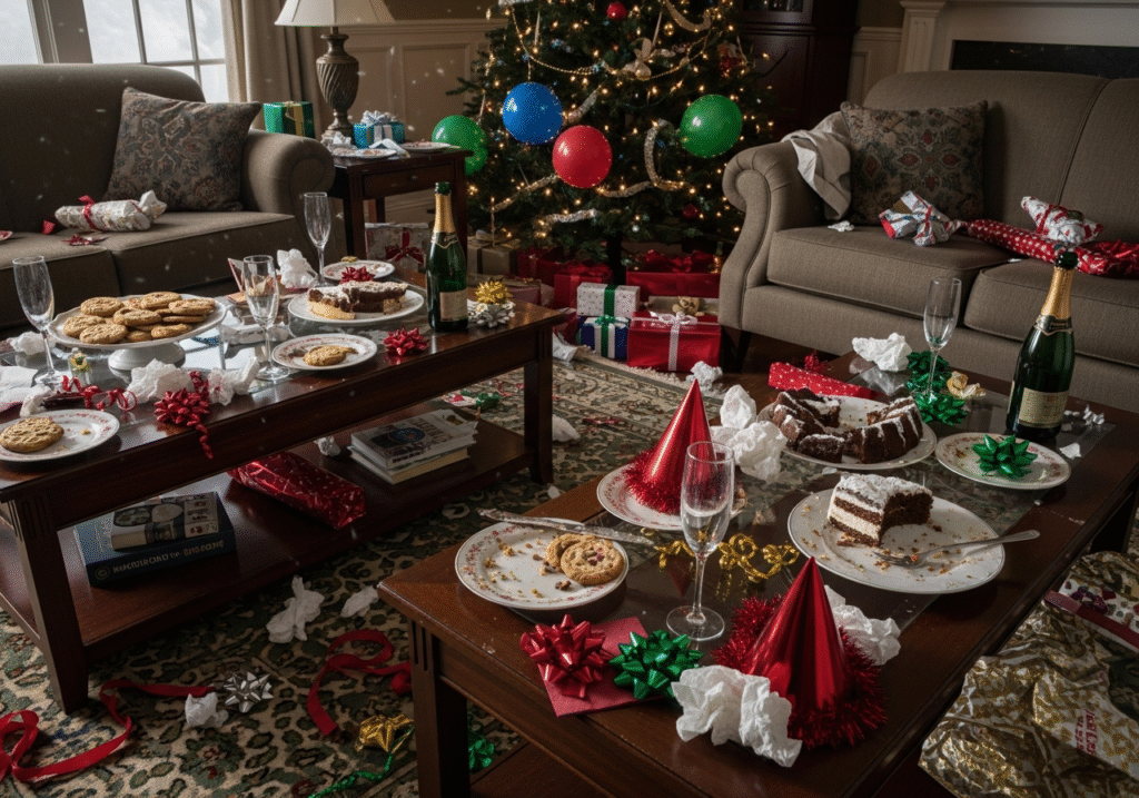 The house needs cleaning after the Christmas party.