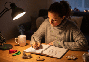 Woman making a to-do list for January after the holiday season.
