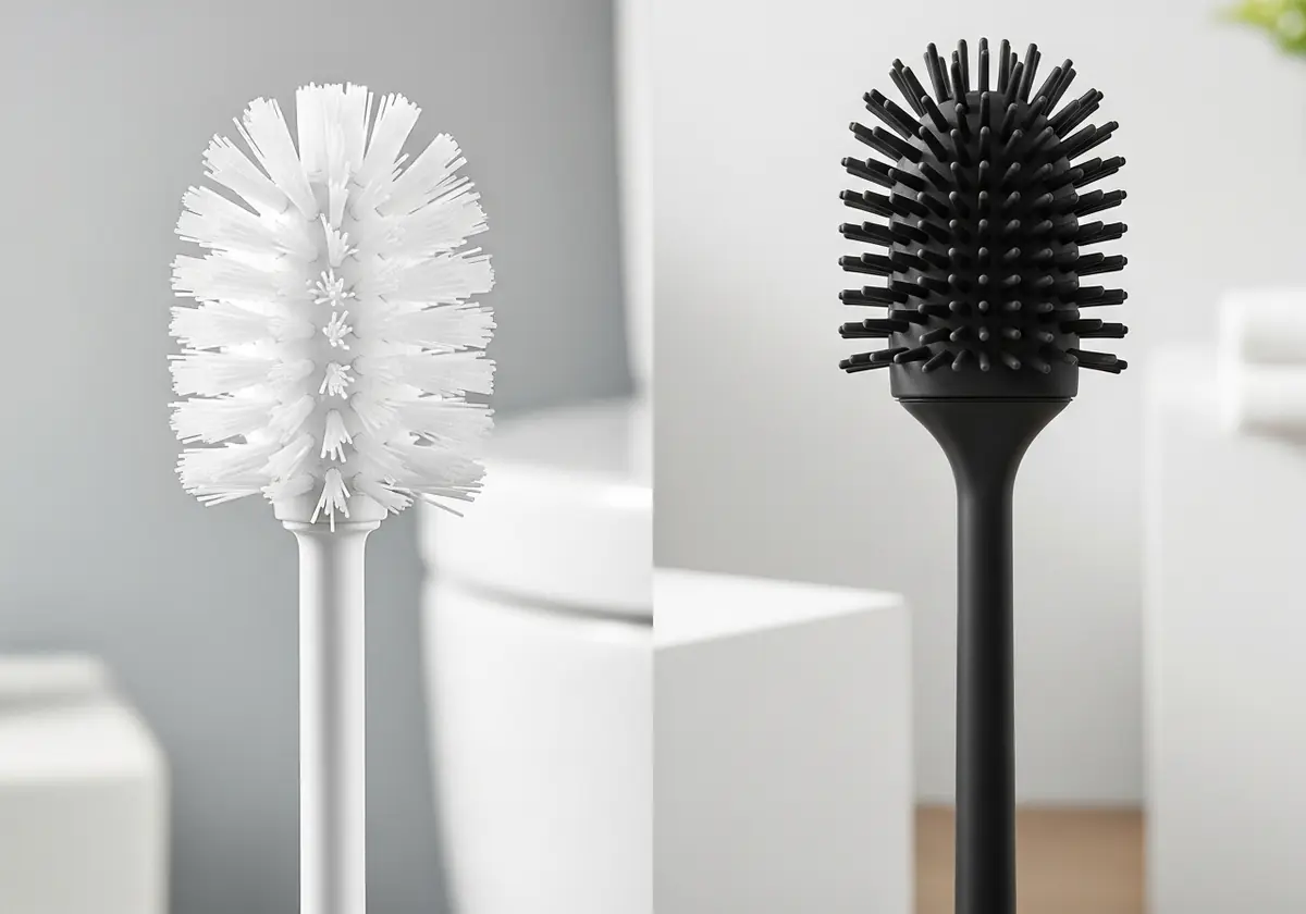 a nylon toilet brush and a silicone toilet brush one.