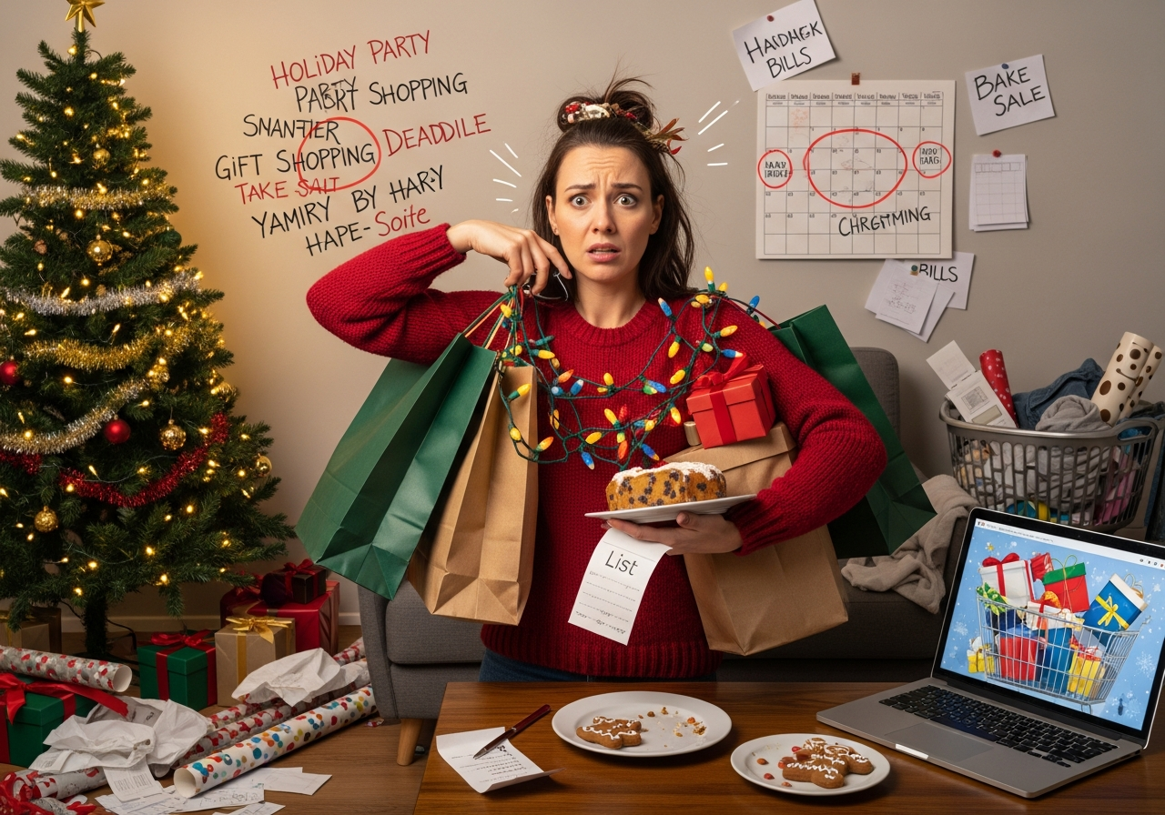 a woman with a lot of things to do because of the holiday season