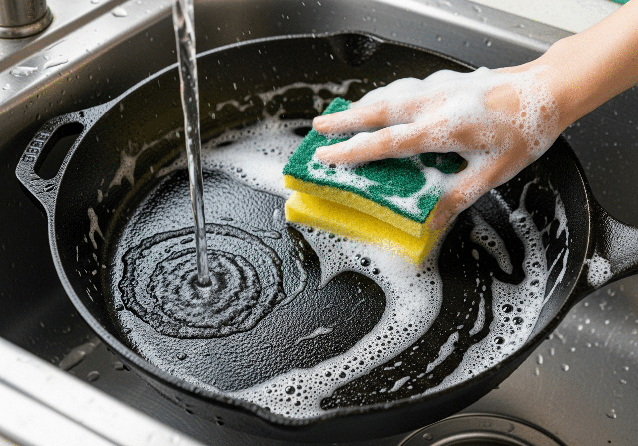 cast iron pan being washed with soap