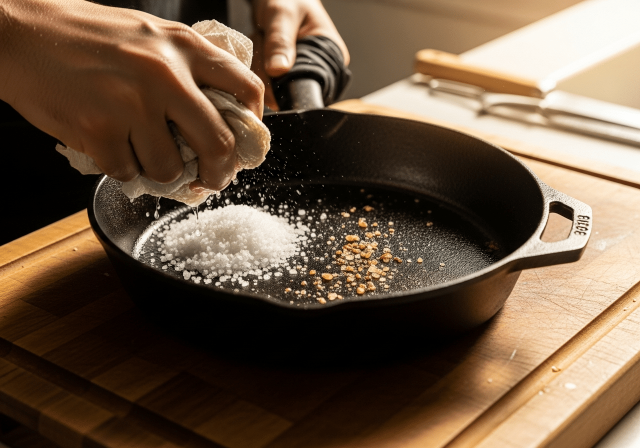 cleaning cast iron pan with salt