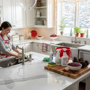 A family cleaning the kitchen for the end-of-year holidays.