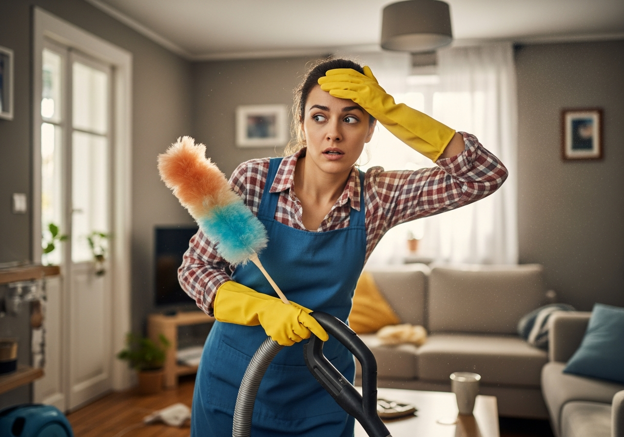 dizzy woman while cleaning the house