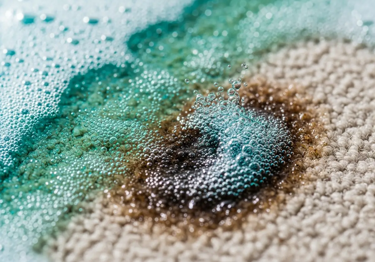 Close-up of foaming cleaner breaking down a brown stain on a carpet