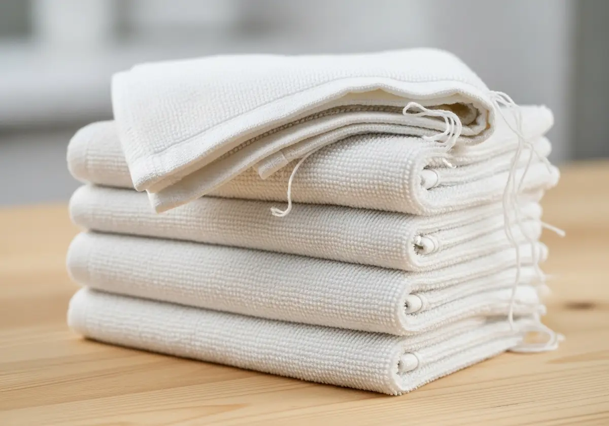 Stack of folded white waffle-weave face towels