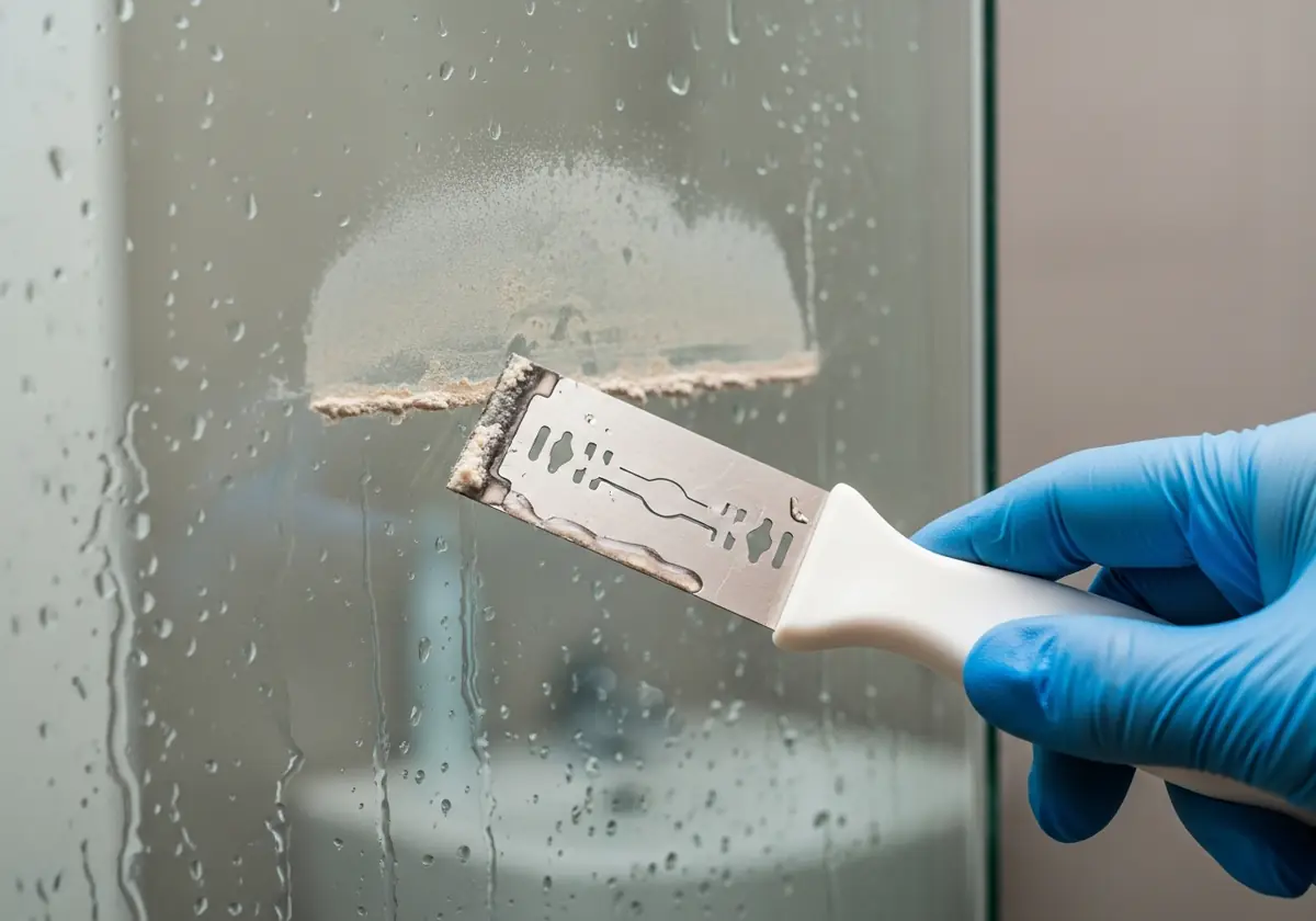 razor blade scraper being used to remove hard water