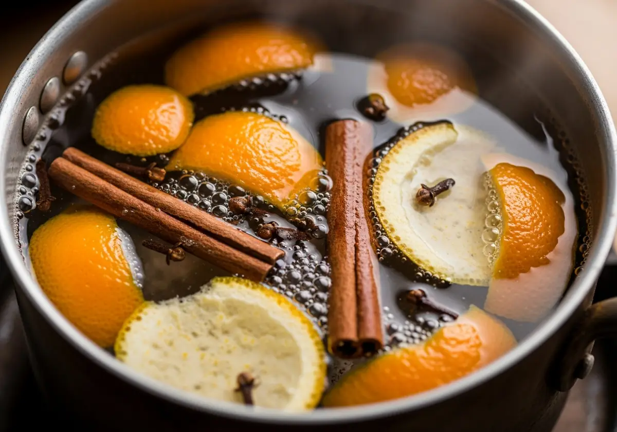 simmering water, cinnamon stick, cloves and orange peels