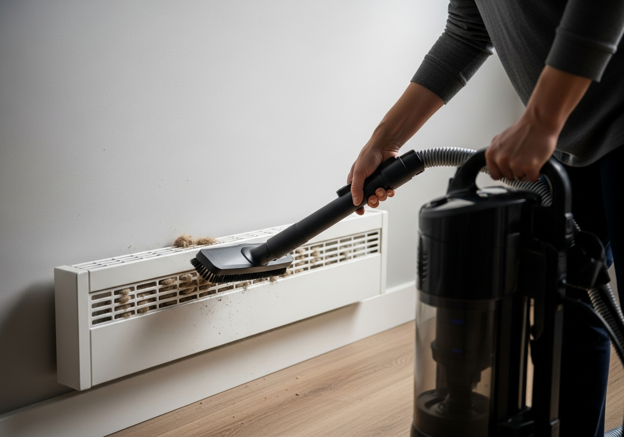 using the vacuum cleaner on the baseboard heater