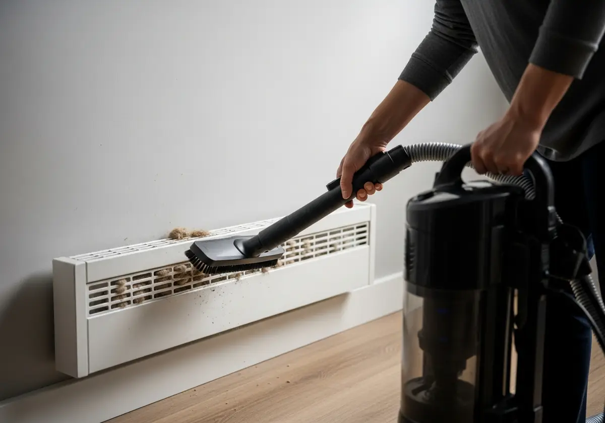 using the vacuum cleaner on the baseboard heater