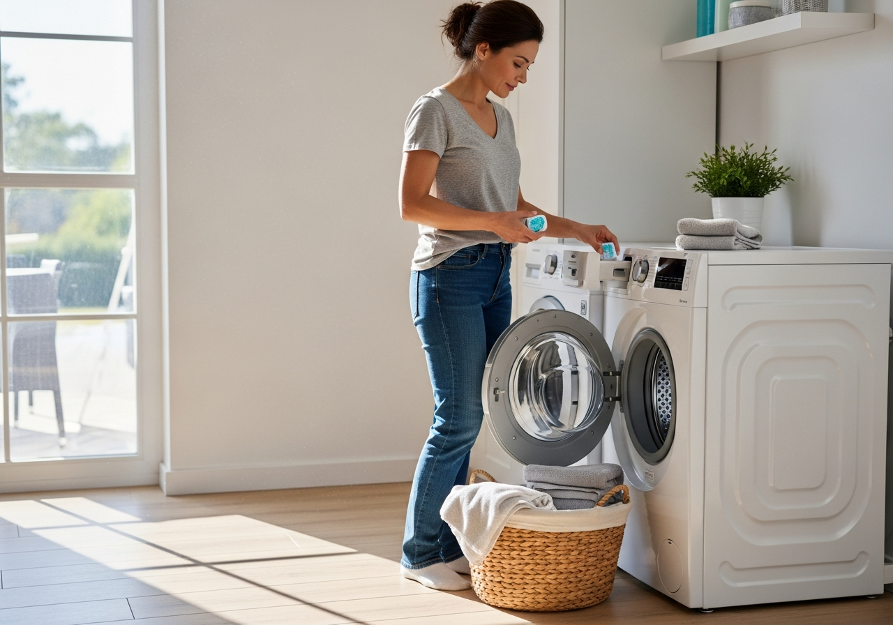 woman using washing machine cleaning tablets every day