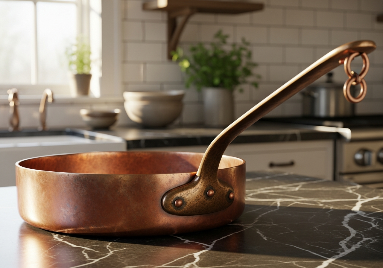 A bronze pan that is aesthetically pleasing to the eye in a kitchen.