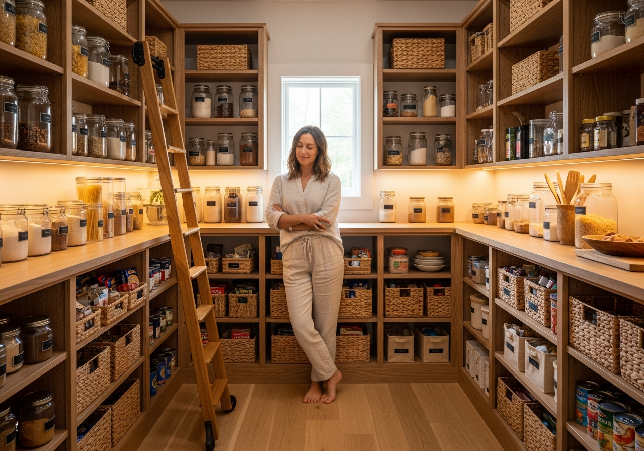 A woman at peace with a clean and organized pantry.
