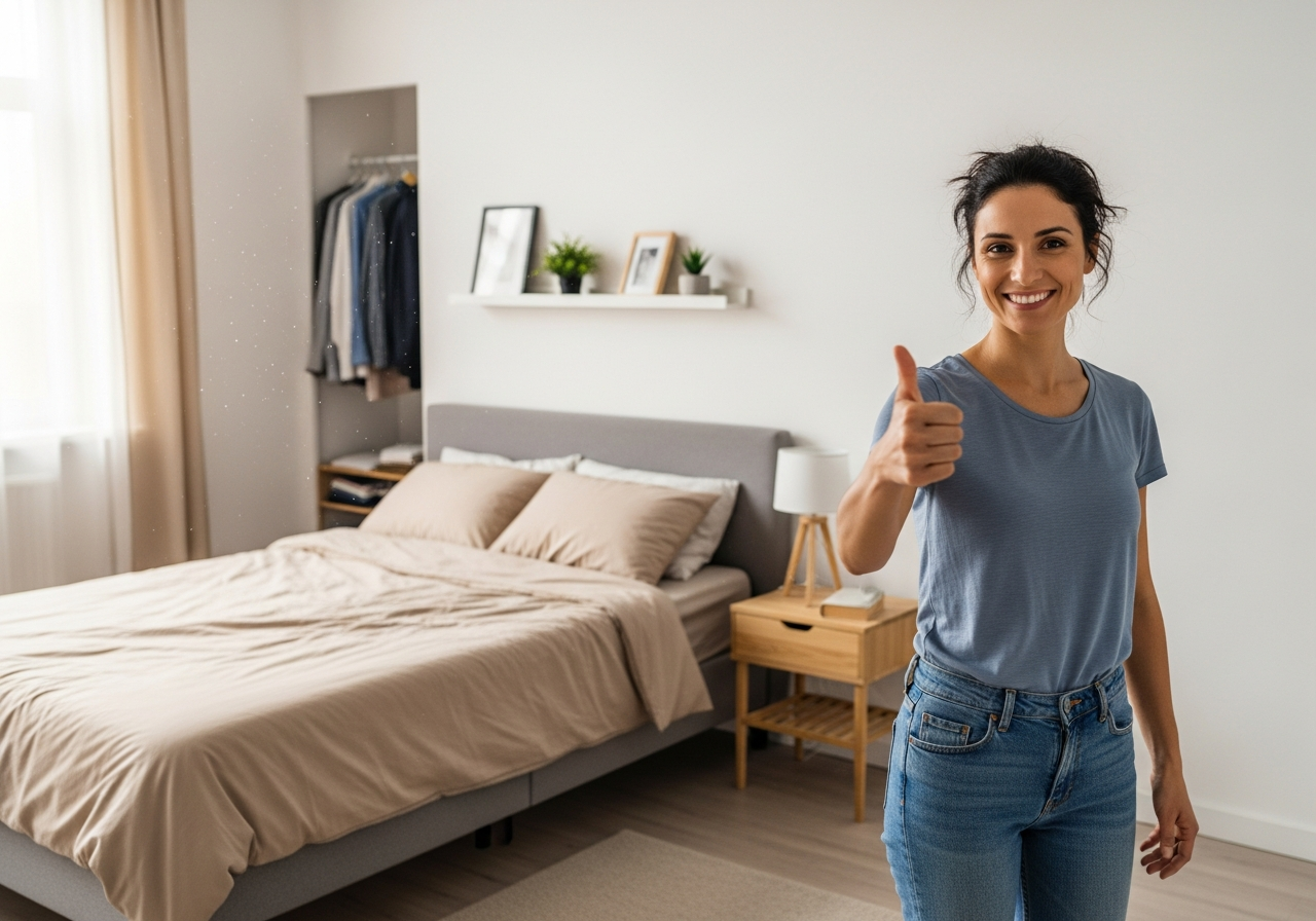 A woman giving a thumbs-up to an organized bedroom she just tidied up in 5 minutes.