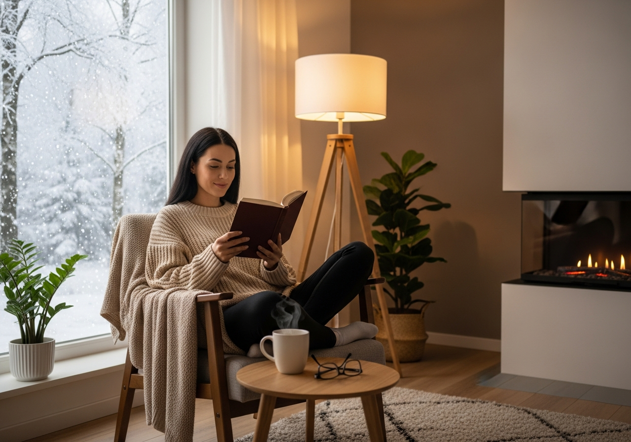 A woman reading a book in a clean and peaceful winter home.