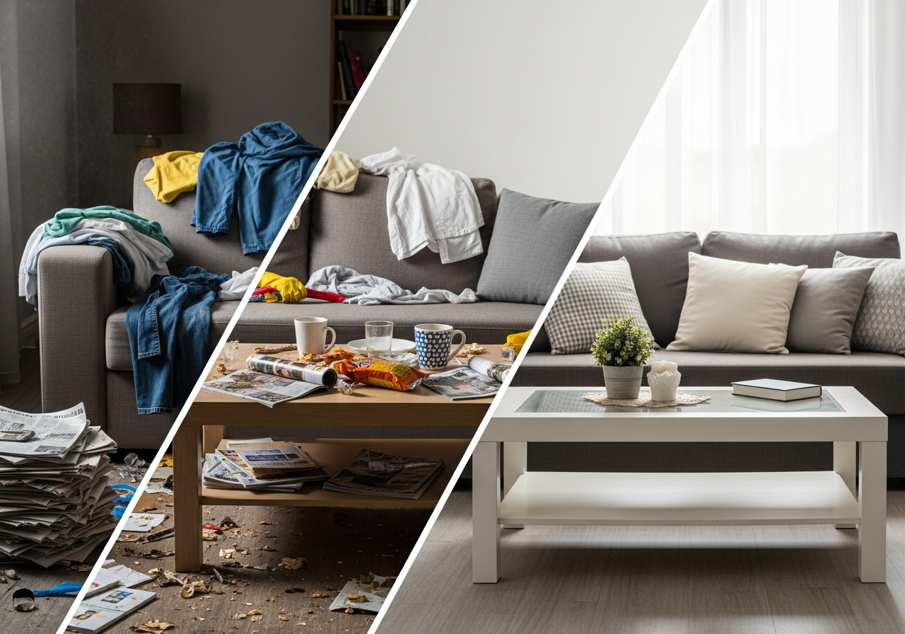 Before and after a house cleaning.