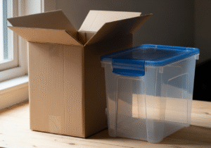 Cardboard box and plastic box for storage.