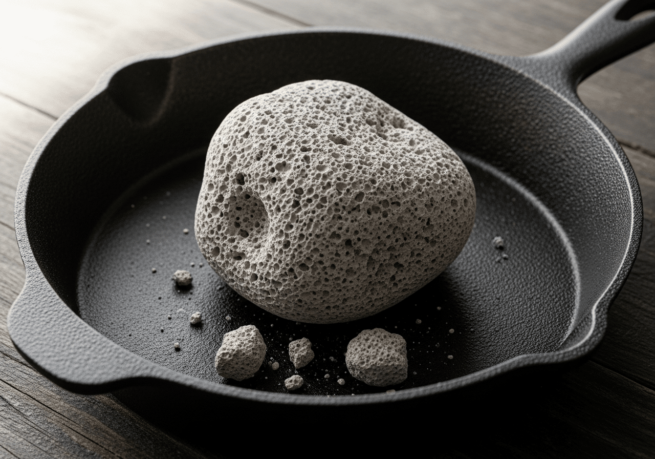 Cast iron being cleaned by pumice stone.