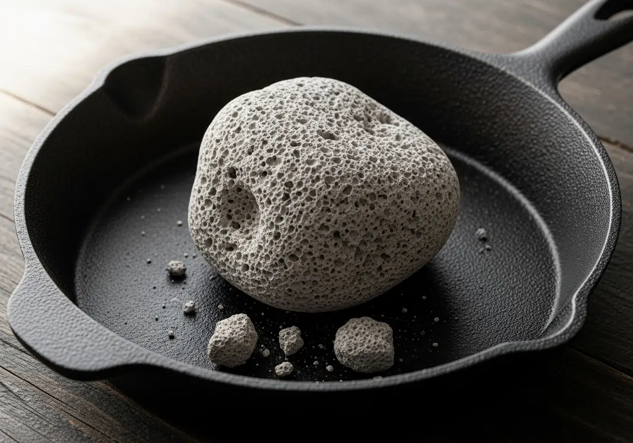 Cast iron being cleaned by pumice stone.