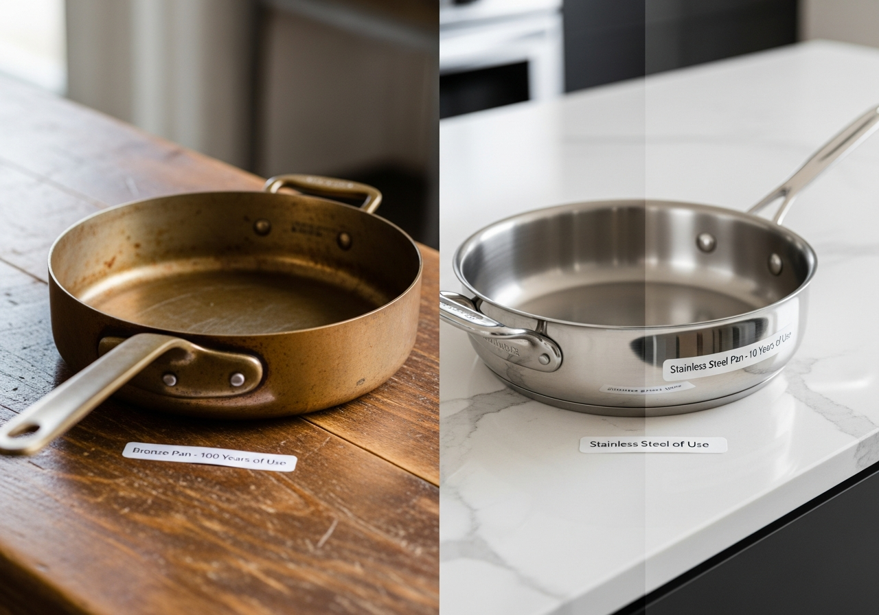 Durability of a bronze pan versus a stainless steel pan.