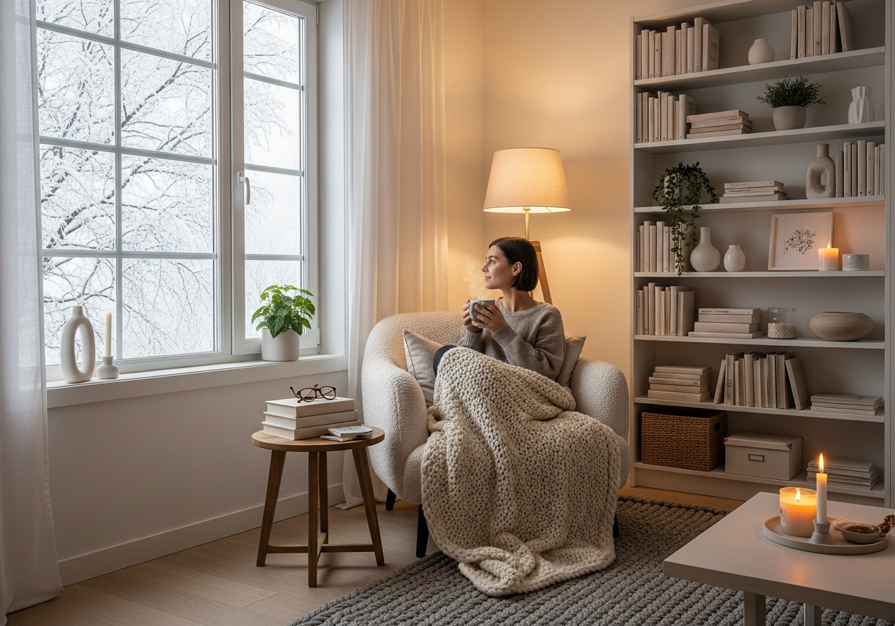 Enjoying winter indoors in an organized space.