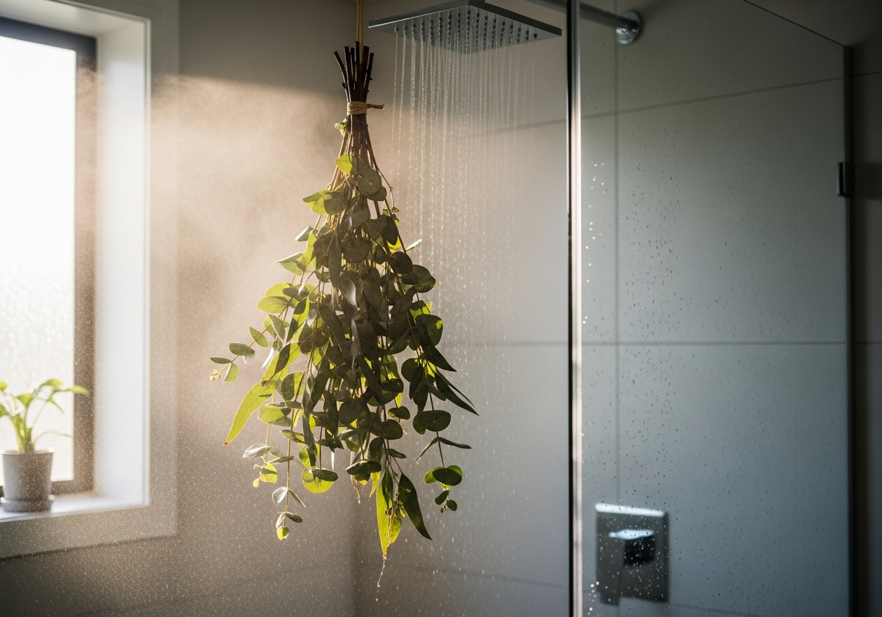 Eucalyptus tree hanging in a bathroom with shower steam.