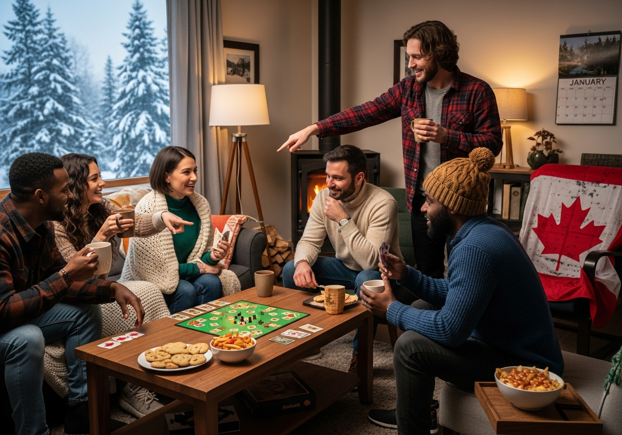Friends gathered in a room in January in Canada.