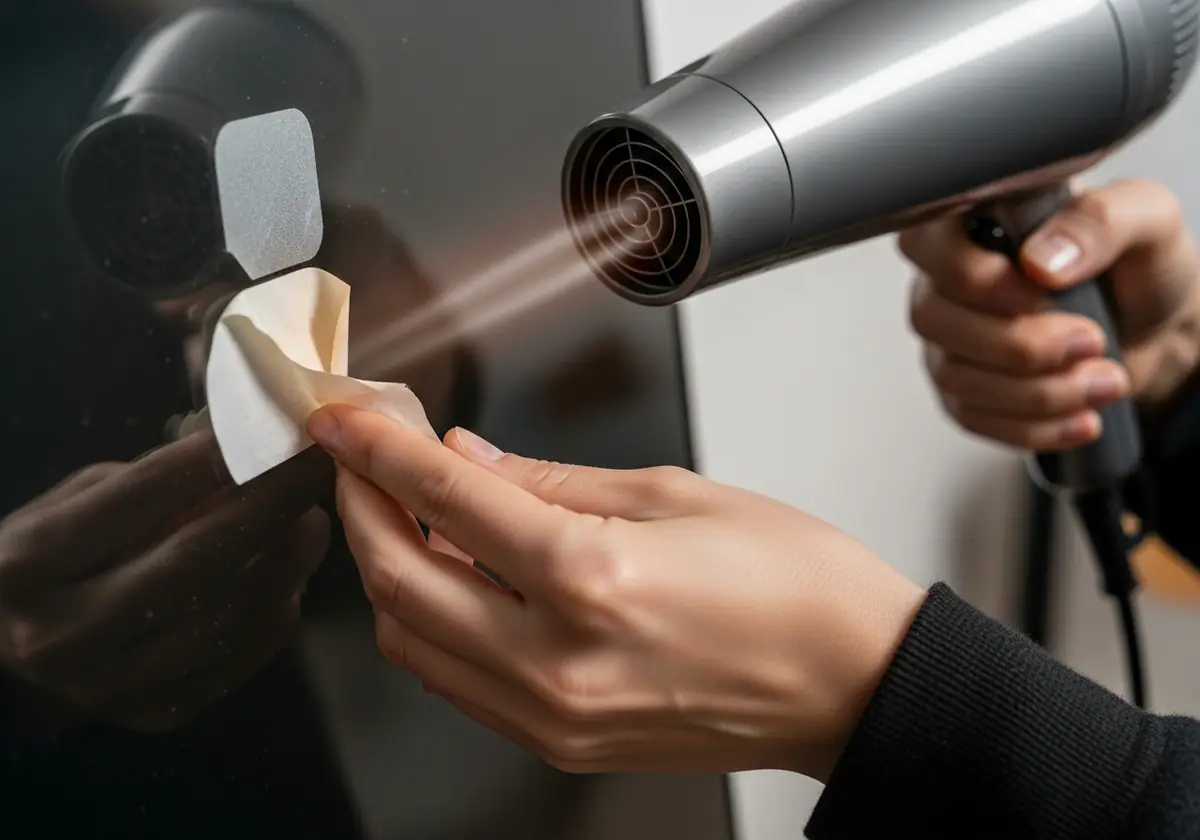 Heating the sticker with a hairdryer to try and remove it