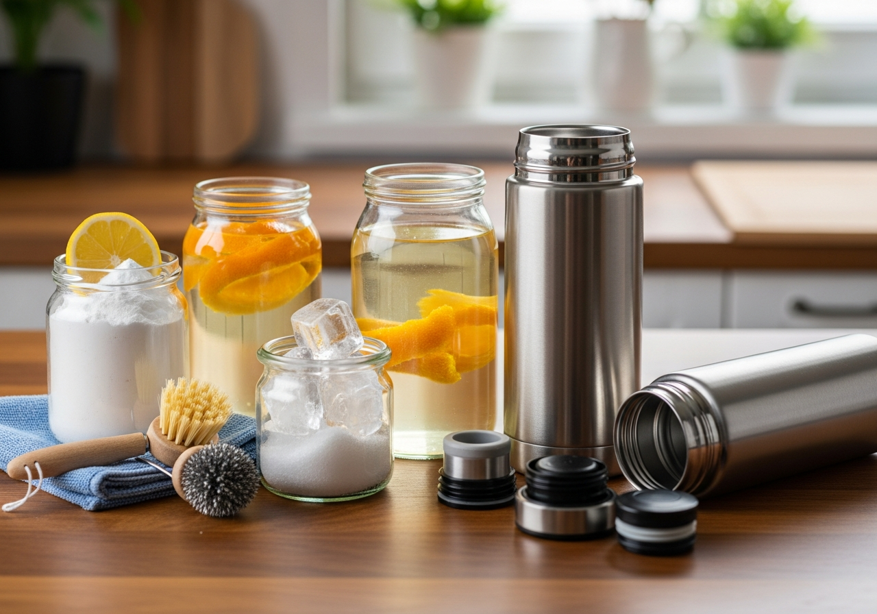 Homemade mixtures for cleaning a thermos bottle.