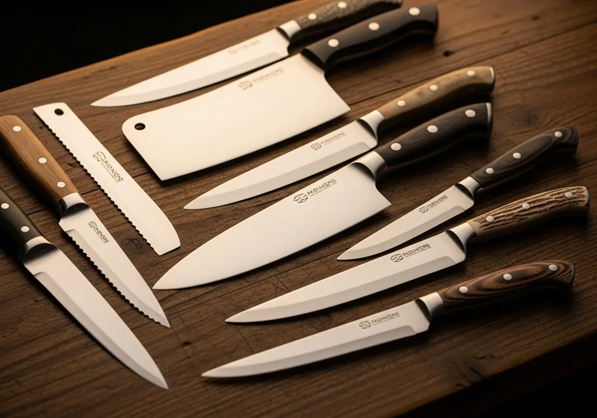Set of kitchen knives with wooden handles laid out on a dark wood table