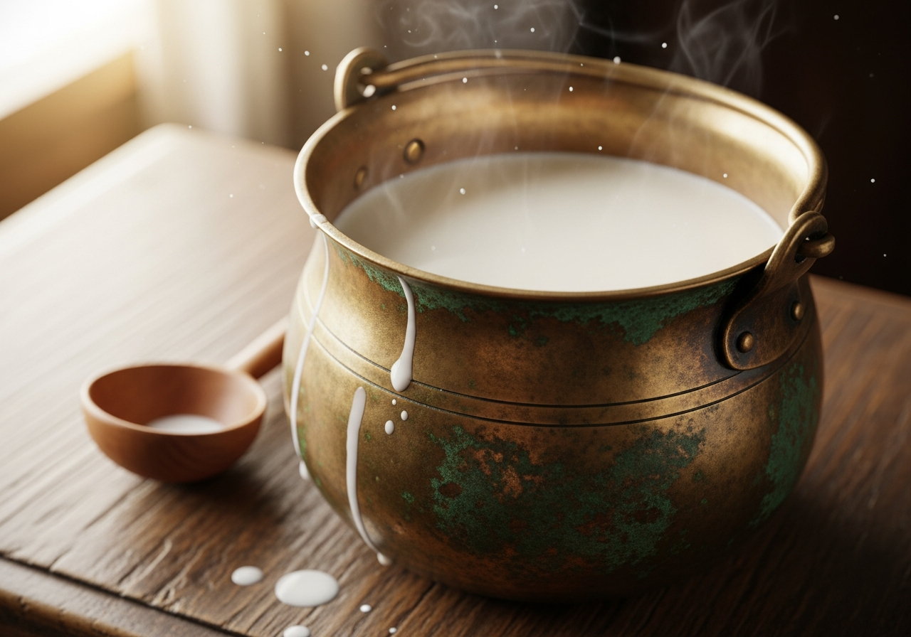 Milk being made in a bronze pot