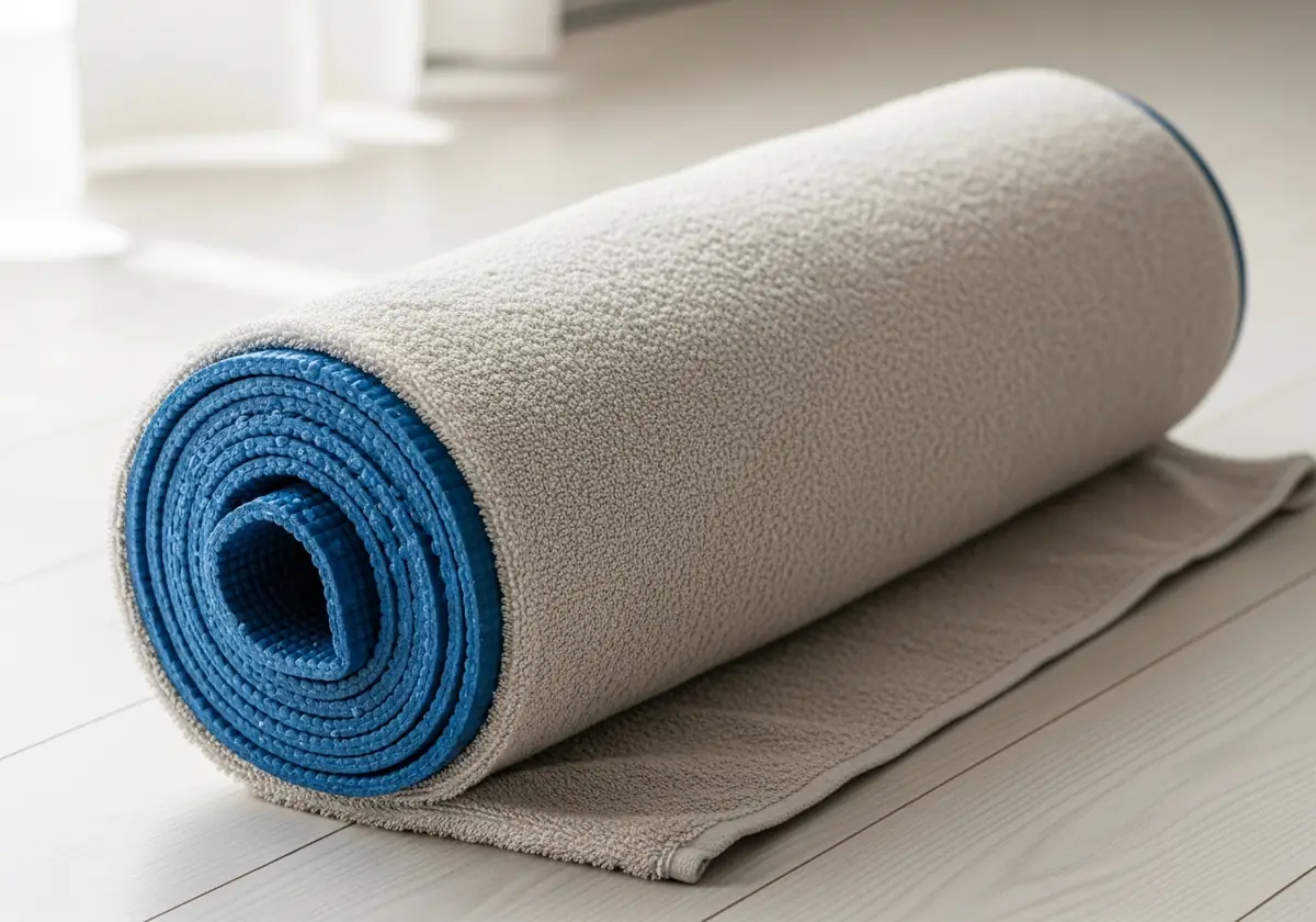 Place a wet yoga mat over a large, dry bath towel. Roll the mat and towel together tightly.