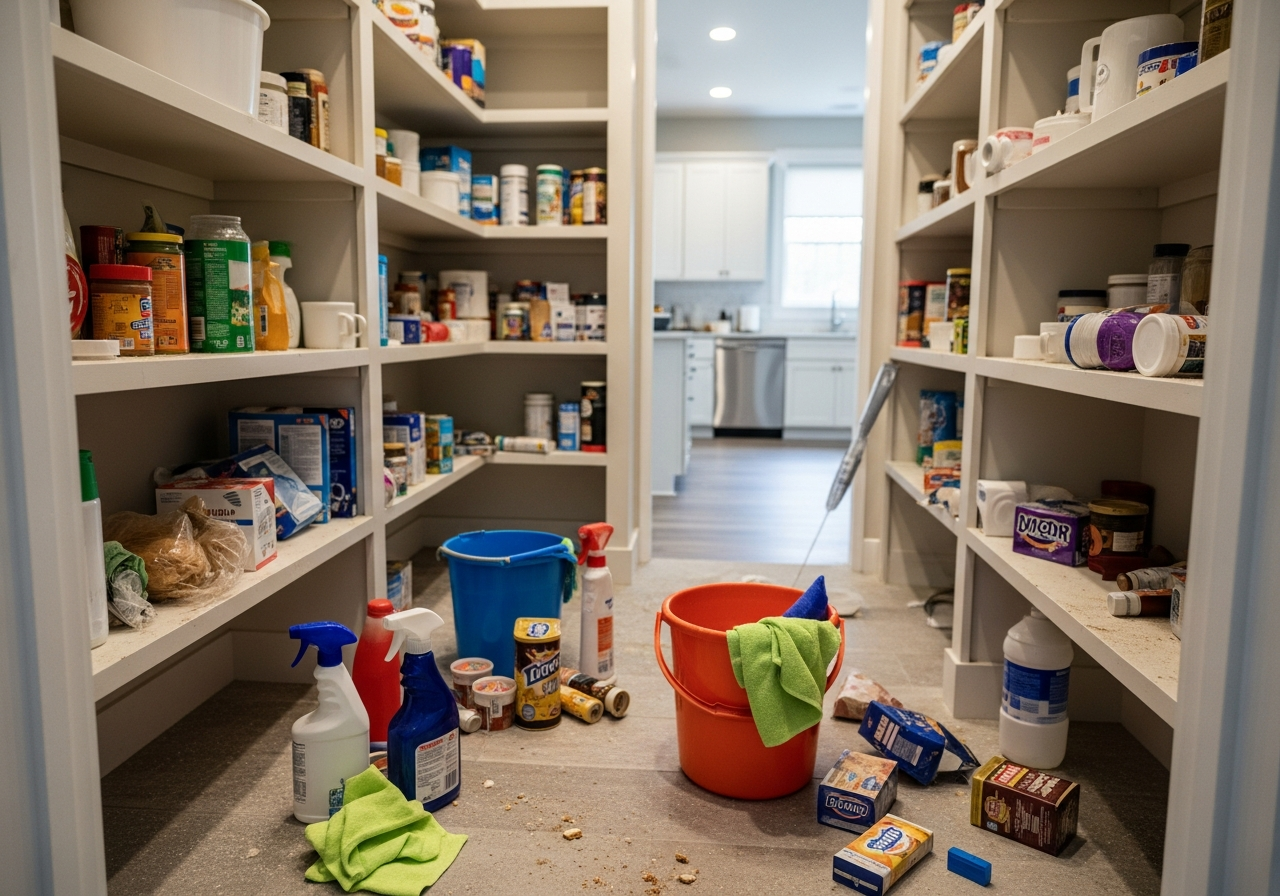 Removing all items from the pantry to clean
