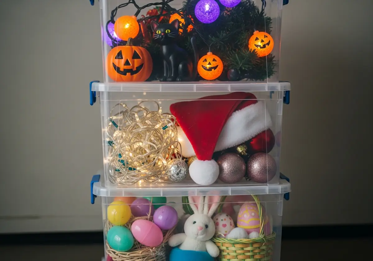 Seasonal items in plastic boxes