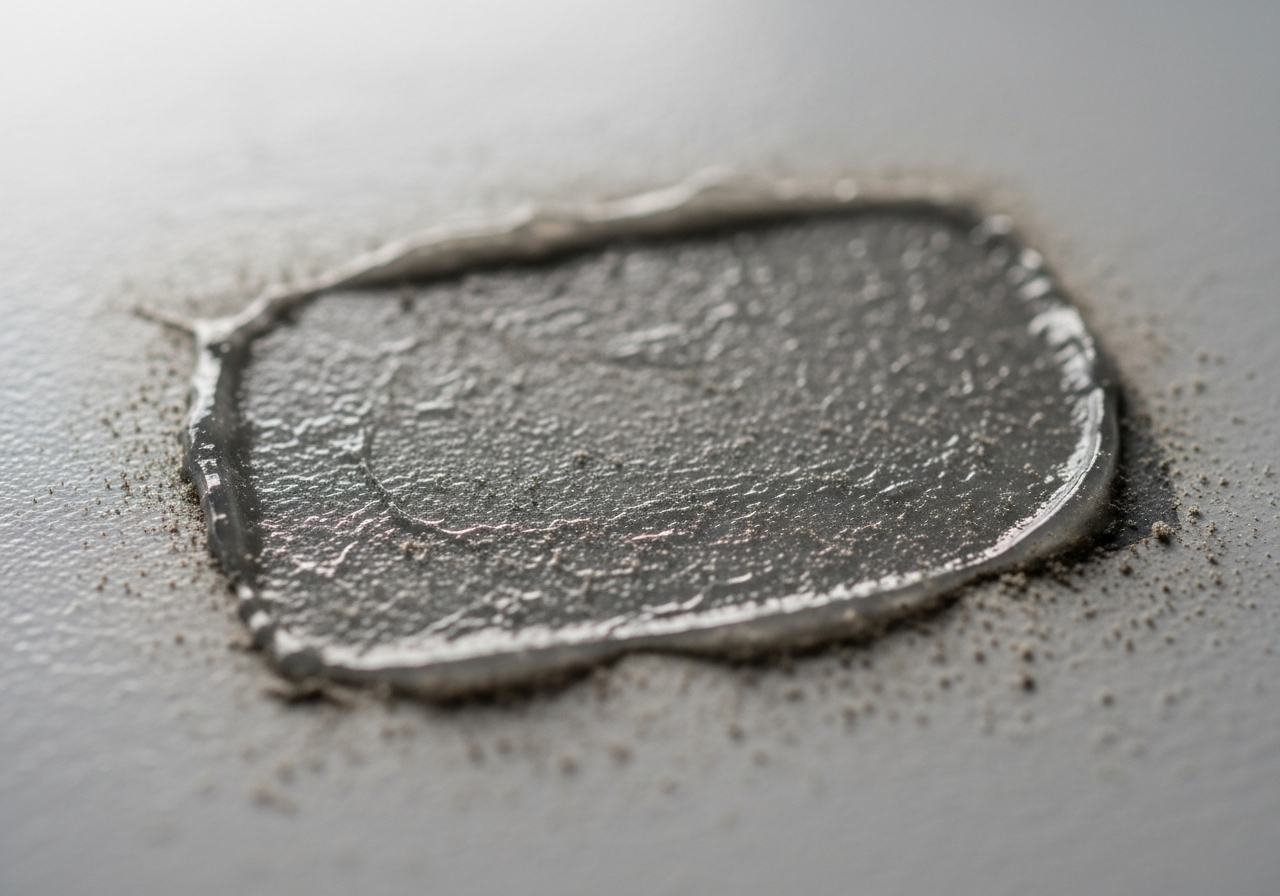 The mark of a sticker that was removed a long time ago but left glue residue that turned gray and attracted dust.