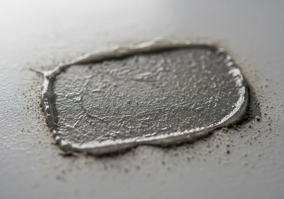 The mark of a sticker that was removed a long time ago but left glue residue that turned gray and attracted dust.