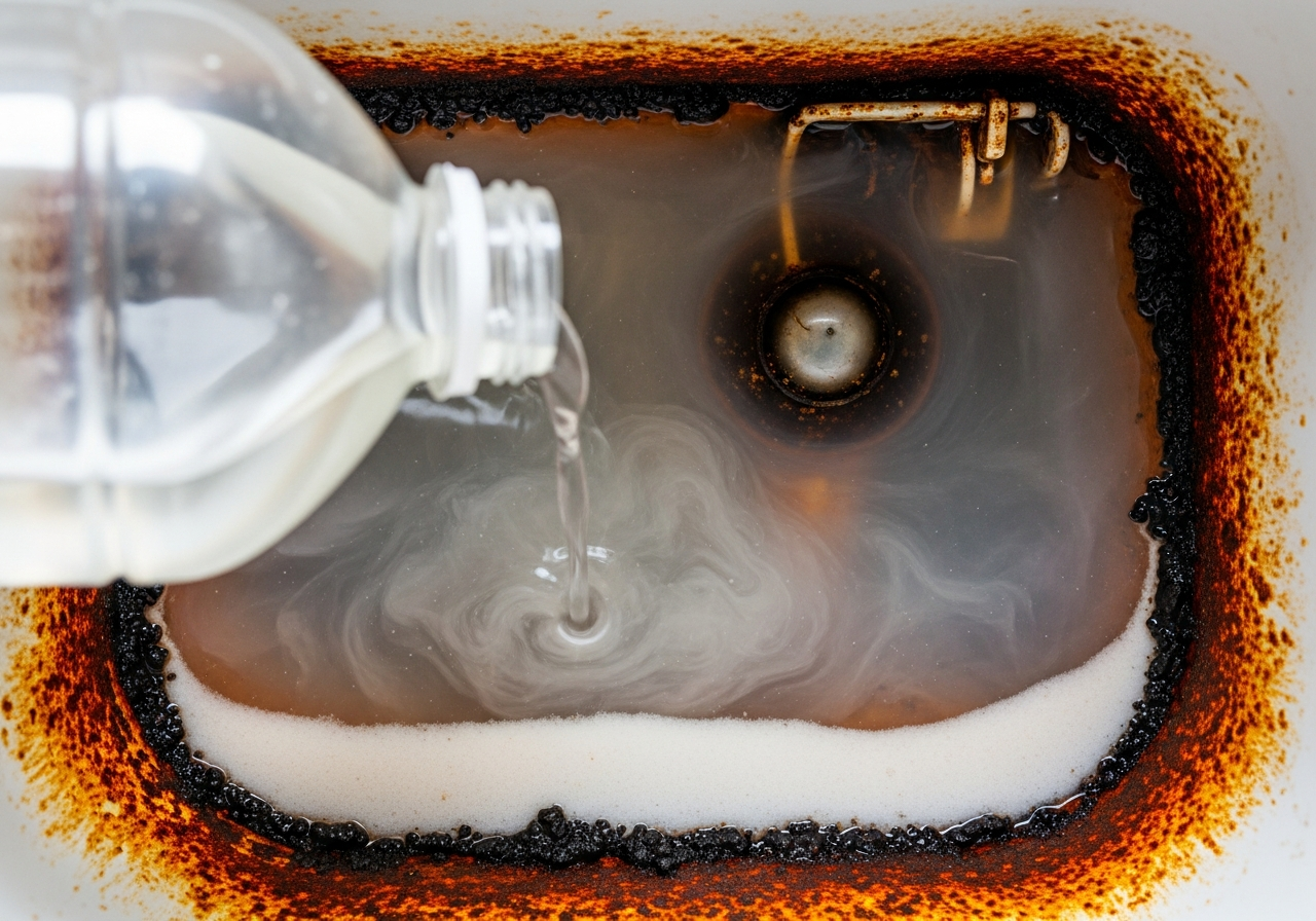 Using distilled white vinegar in a toilet tank with sludge and rust.