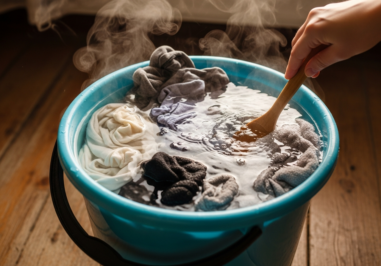 Vinegar and hot water being used in a bucket with clothes.