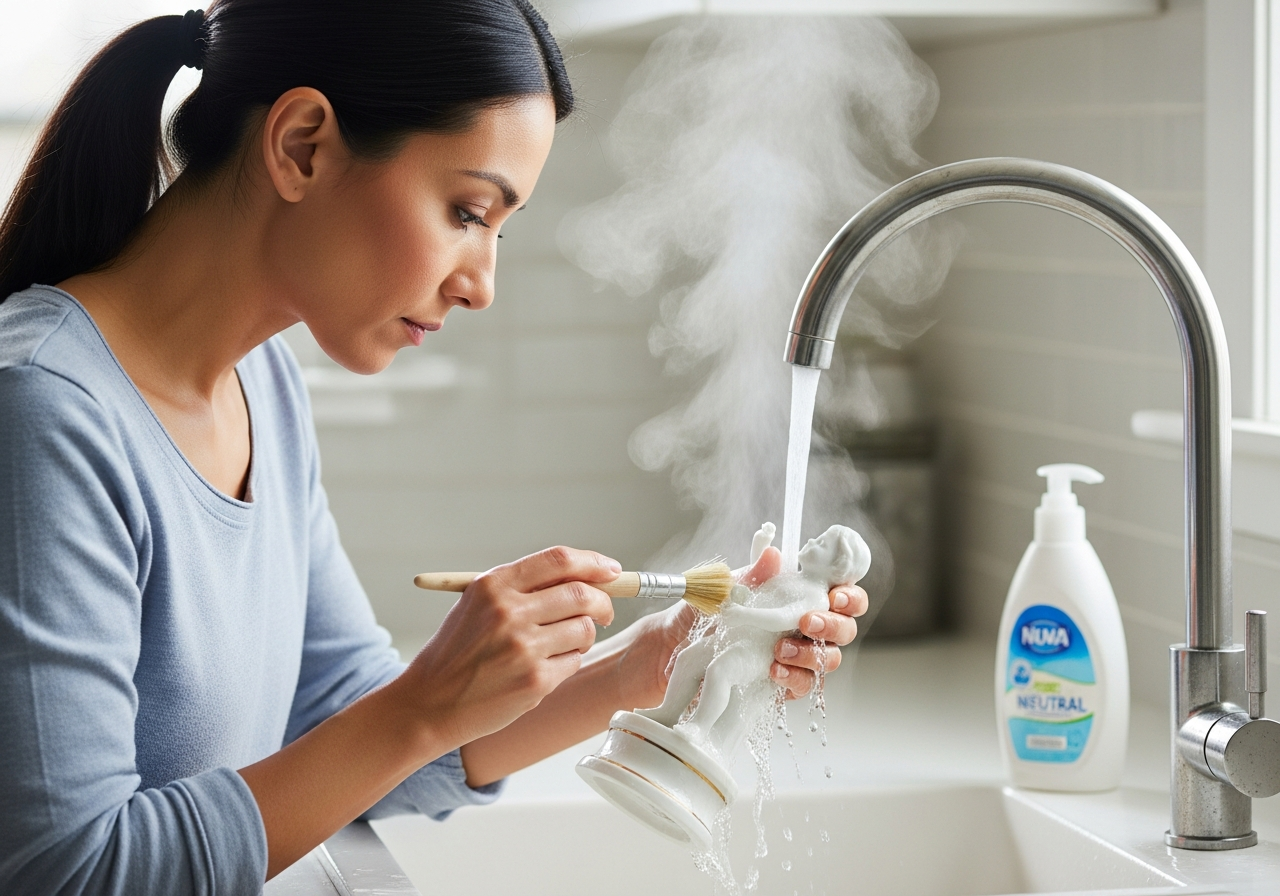 Woman cleaning a porcelain object with hot water and neutral detergent.