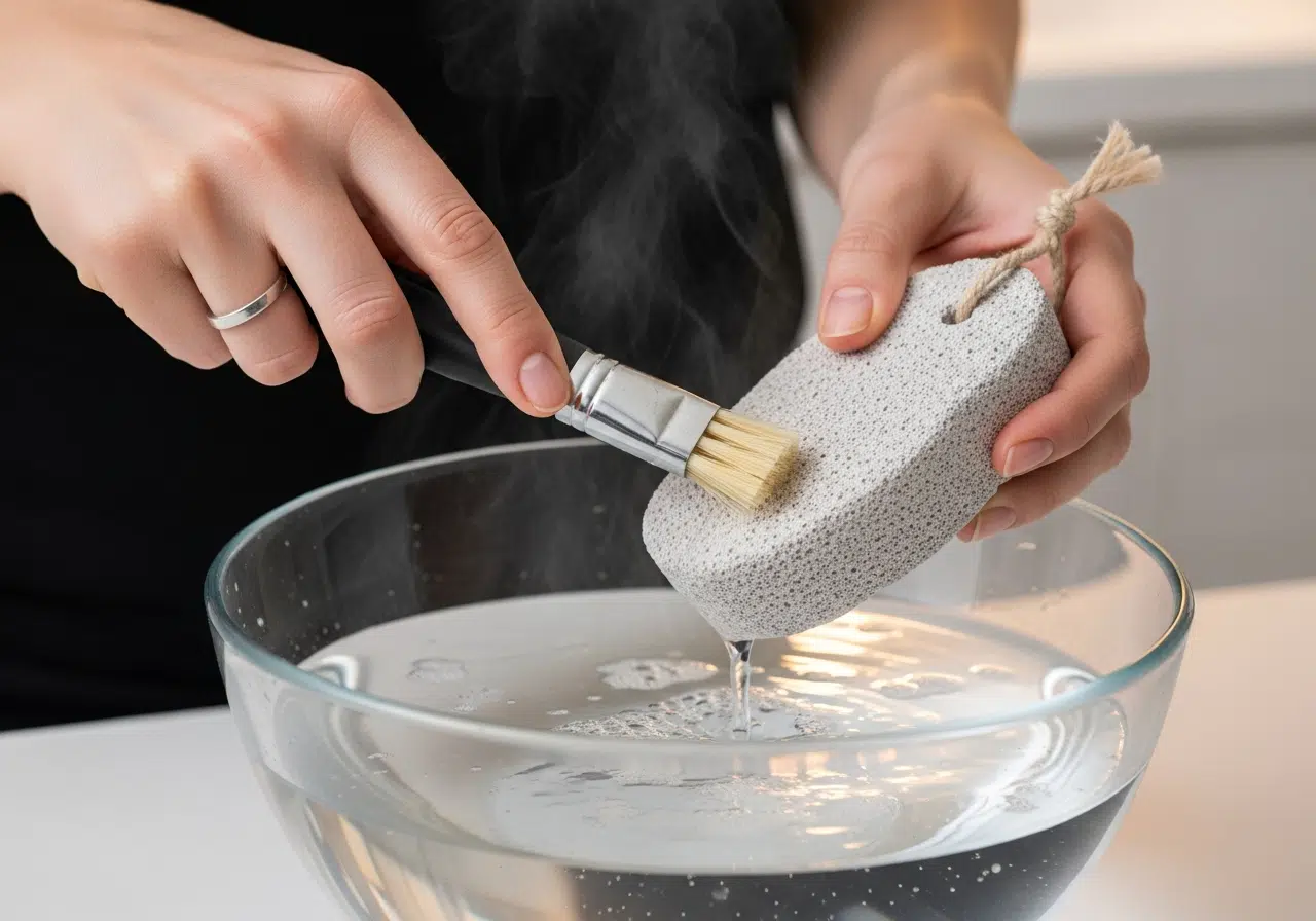 Woman cleaning pumice stone in hot water and a little disinfectant.