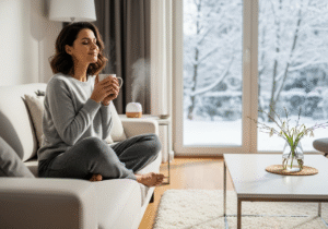Woman relaxing and enjoying the clean house in January.