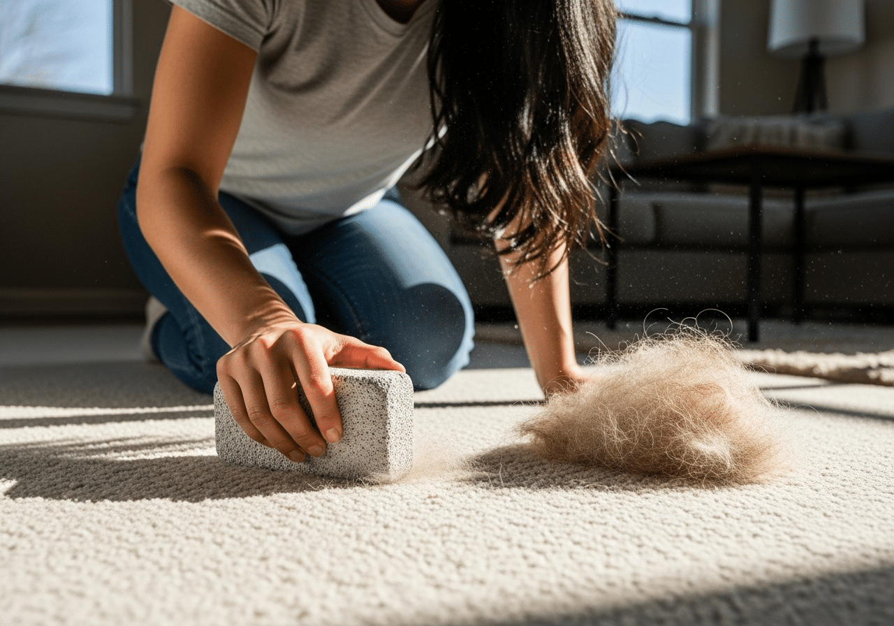 Woman removing pet hair from carpet with pumice stone.