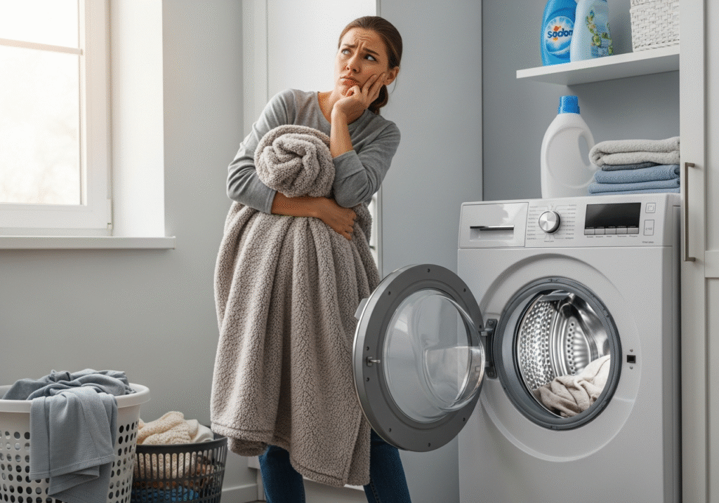 Woman unsure whether to put a blanket in the washing machine.