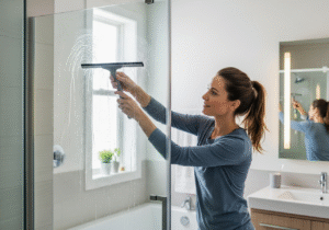 Woman using a squeegee in the bathroom to prevent mold.