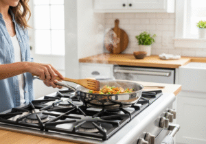 Woman using a stainless steel pan for cooking.