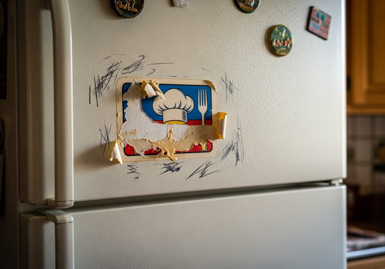 a household appliance with a sticker that they tried to remove but couldn't.