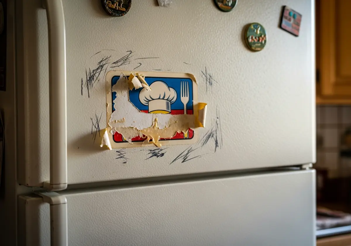 a household appliance with a sticker that they tried to remove but couldn't.